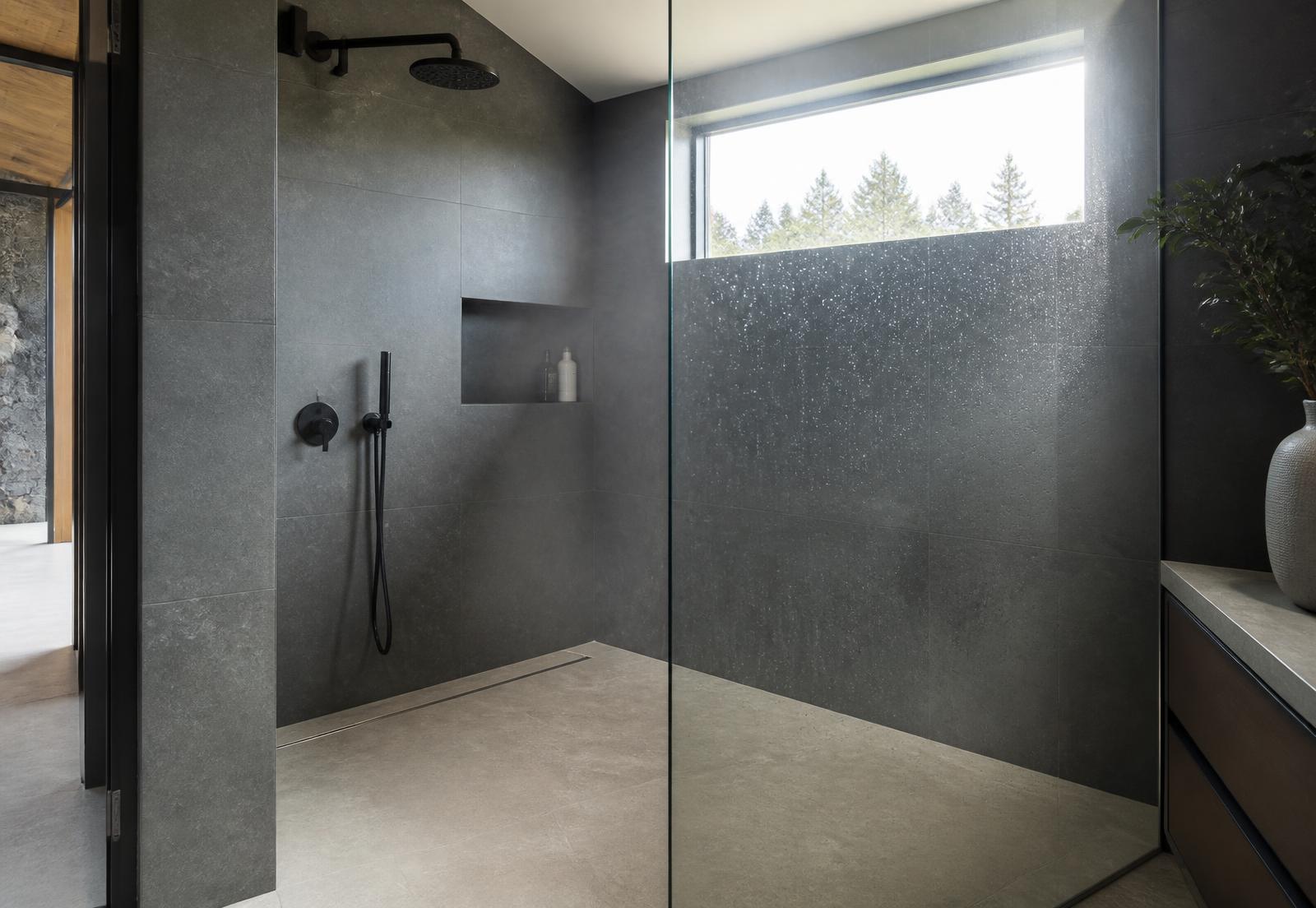 Finished walk-in shower with large-format tile, a recessed niche and a frameless glass panel