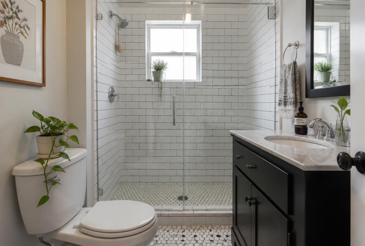 Finished tub-to-shower conversion in a 1920s Boise North End bathroom with white subway tile, hex mosaic shower floor and a glass door
