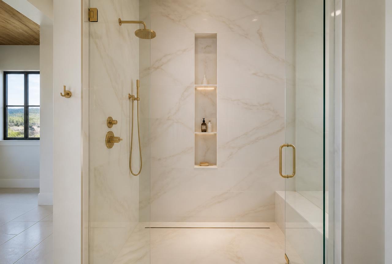 Finished Eagle, Idaho master shower tiled in 24x48 marble-look porcelain with a full-height lit niche, bench and frameless glass