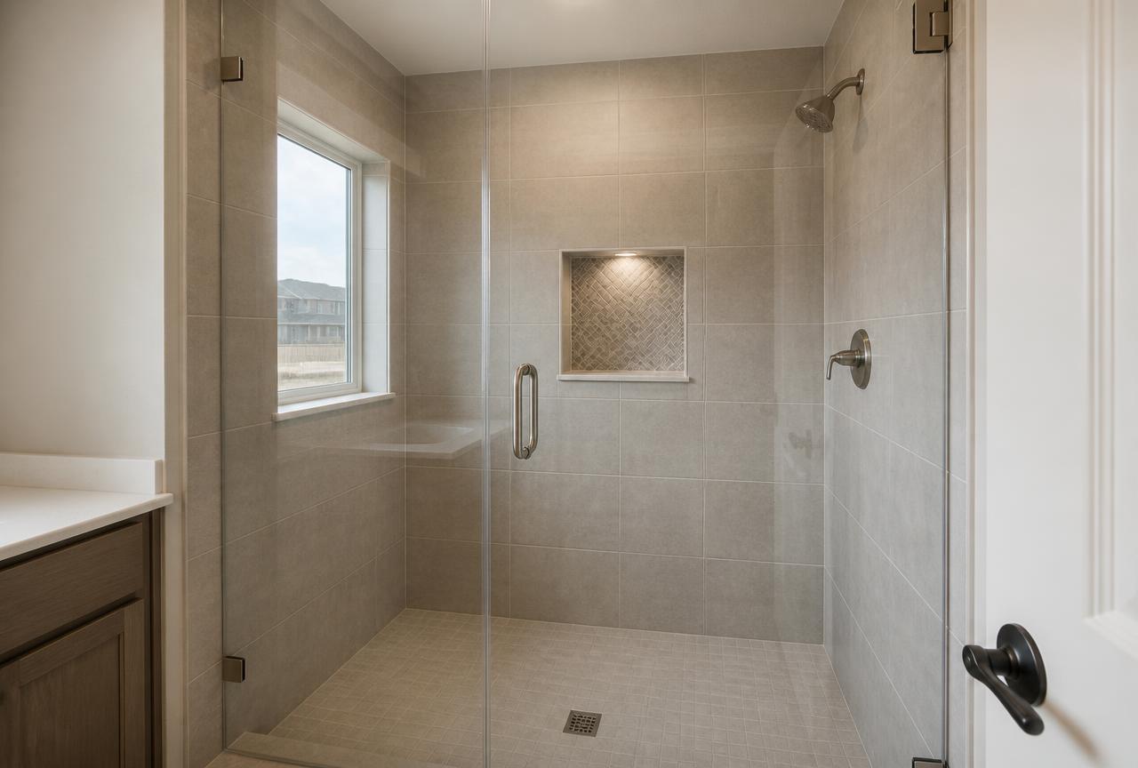 Finished tile shower in a Star, Idaho home replacing a one-piece fiberglass unit, with greige porcelain walls, an accent niche and a frameless glass door