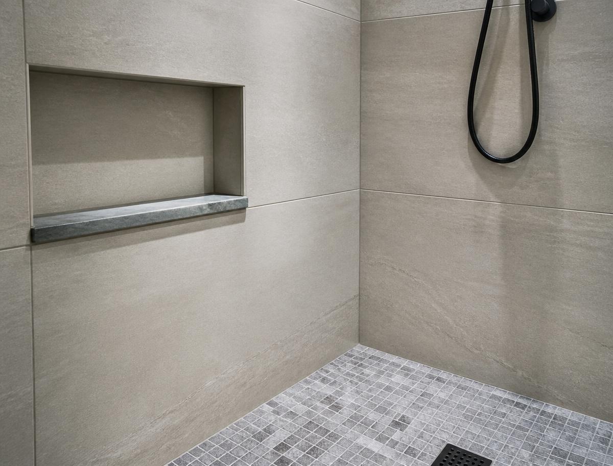 Tiled shower wall in a Treasure Valley Idaho home with even grout joints and a recessed niche