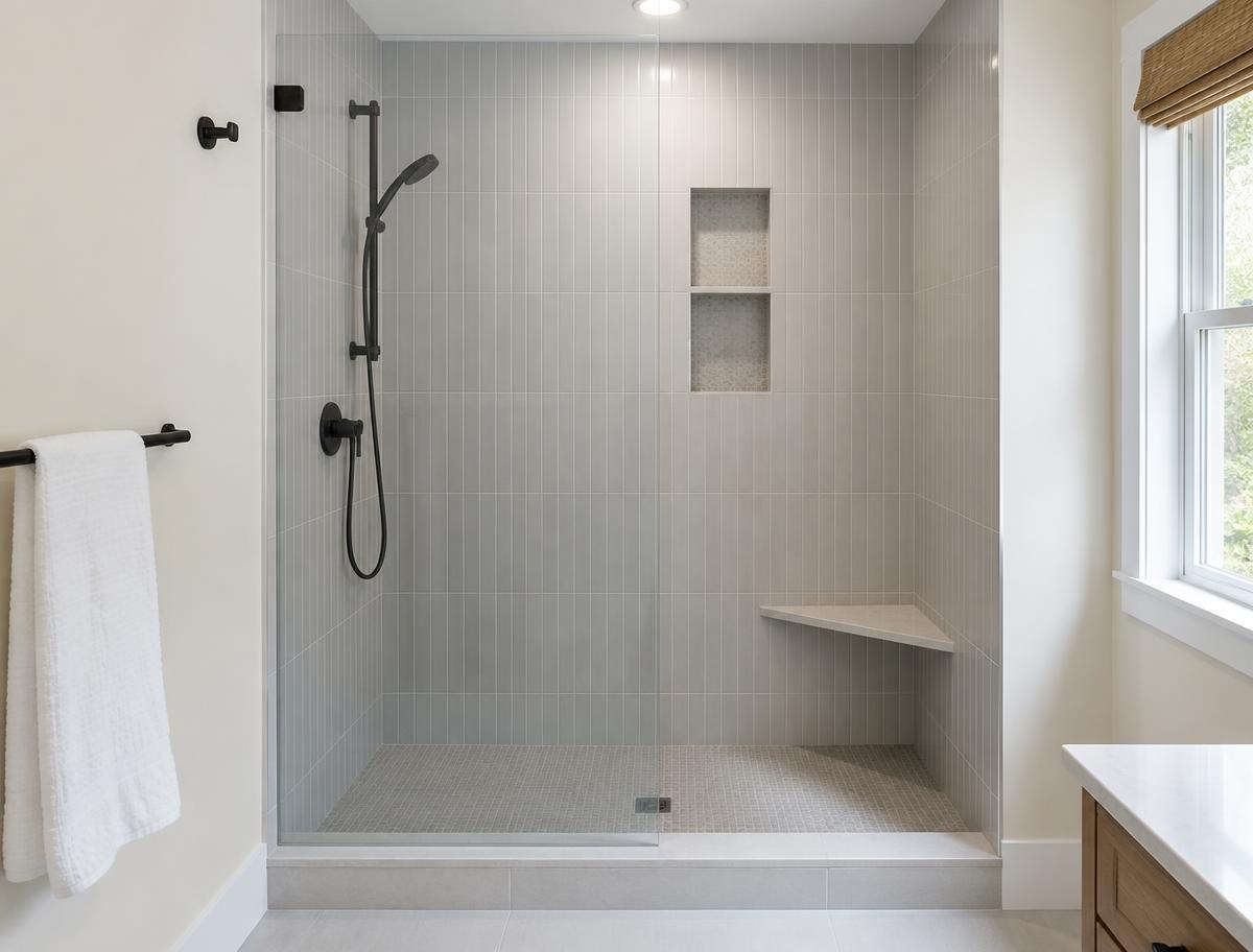 Boise, Idaho bathroom alcove where a bathtub was replaced with a low-curb tiled shower